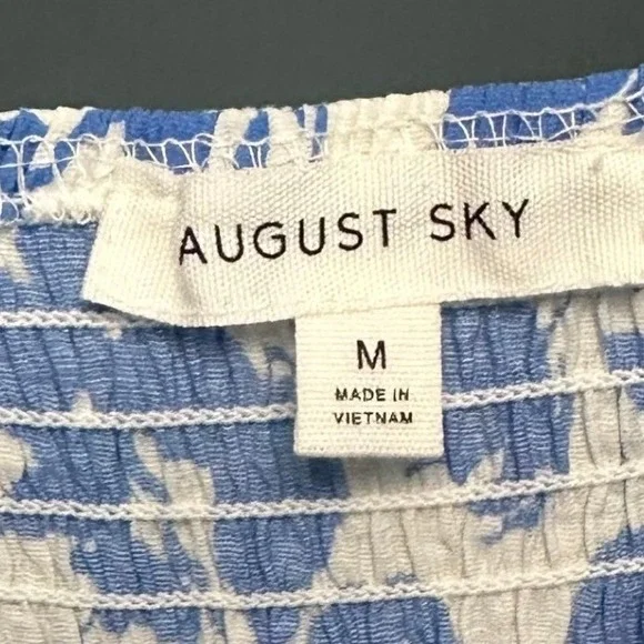 AUGUST SKY Blue White Floral Smocked Puff Sleeve Prairie Milkmaid Maxi Dress M - Picture 3 of 8